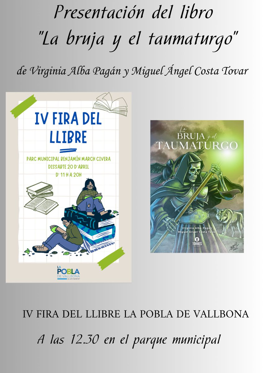 El 20 de abril de 2024, a las 12:30 horas, en el parque municipal de la Pobla de Vallbona presentamos nuestro libro "La bruja y el taumaturgo".

¡Os esperamos!

<a href="/virginiaalbap/">virginiaalbapagán</a> Torres Editores <a href="/RomanLopezComic/">Román López-Cabrera</a>
<a href="/corrigenda_es/">Corrigenda</a>
#Labrujayeltaumaturgo #literaturafantastica #fantasía