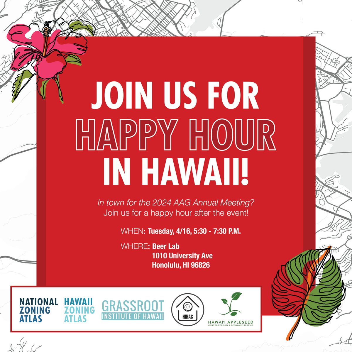 Attention Geographers! Going to Honolulu for @theAAG's annual conference next week? Join NZA director @sarabronin, Hawaii Zoning Atlas director @ggordn3r, @HIAppleseed, @hihousing & more zoning superstars for a happy hour after Tuesday's conference events!