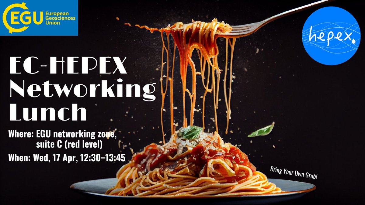 Are you going to #EGU24 and wanting to connect with other early careers working on hydrological ensemble prediction? Then join us at the EC-HEPEX Networking Lunch on Wed. 17 April!👥🍝(bring your own lunch, serving suggestion only)