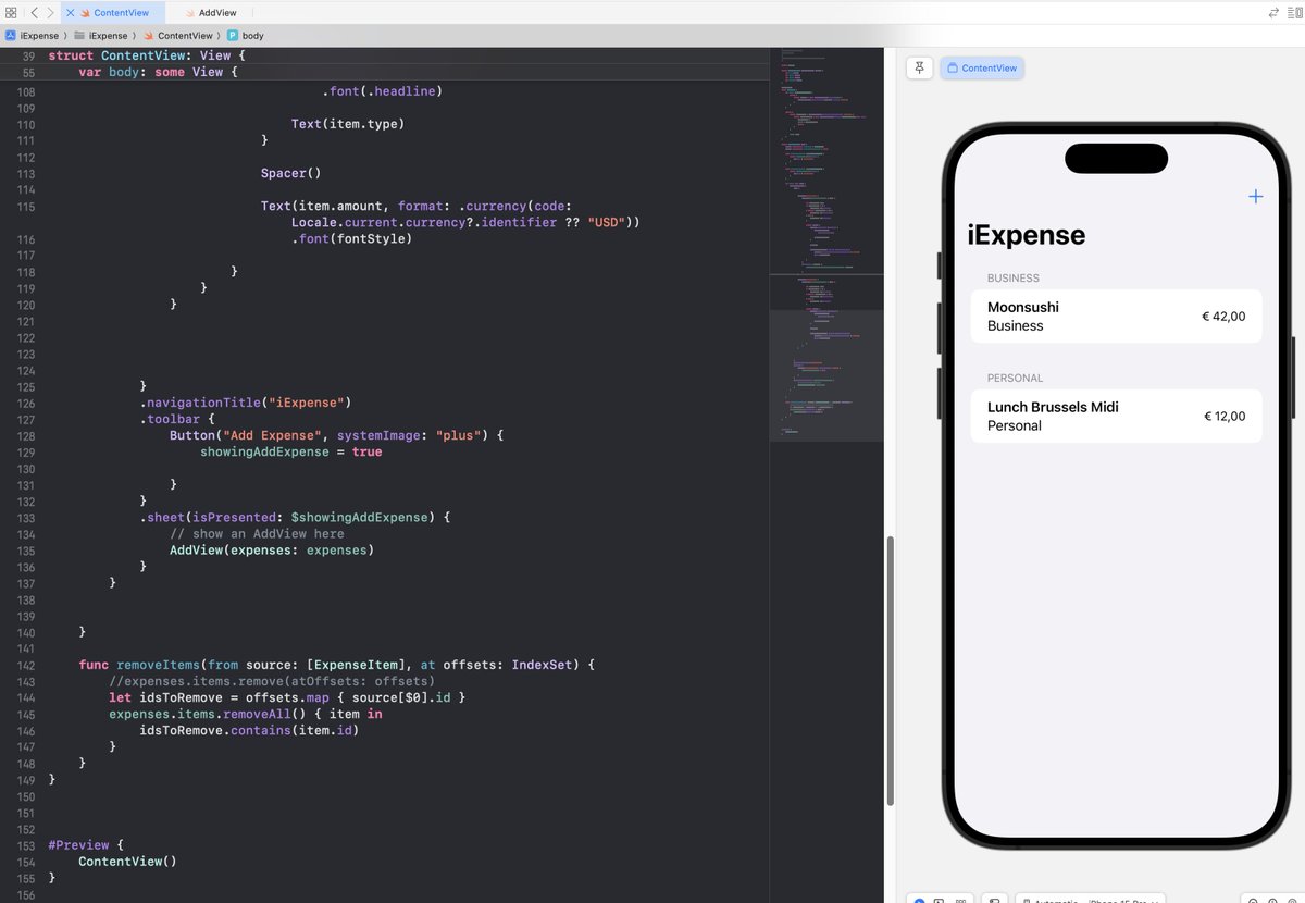 Olli757's tweet image. was struggling a bit deleting items from these 2 lists, even though they are based on the same Array. 
(to display them they are filtered first)

But GPT4 is a great mentor. I just copy-paste the full code and ask it questions..

#100daysofswiftUI