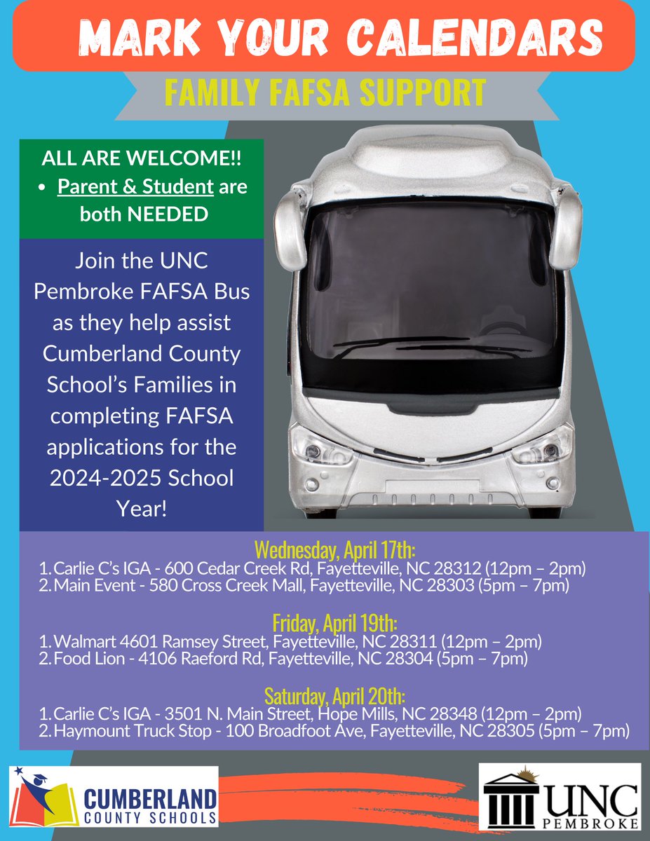 Please help spread the word!!! @CumberlandCoSch and @uncpembroke are collaborating to help assist our CCS seniors and their families with FAFSA completion!! WE ARE COMING TO YOU!!