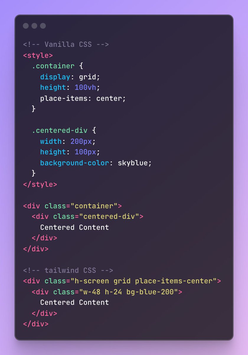 Center DIV horizontally and vertically with grid: 1. Vanilla CSS example 2. Tailwind CSS example