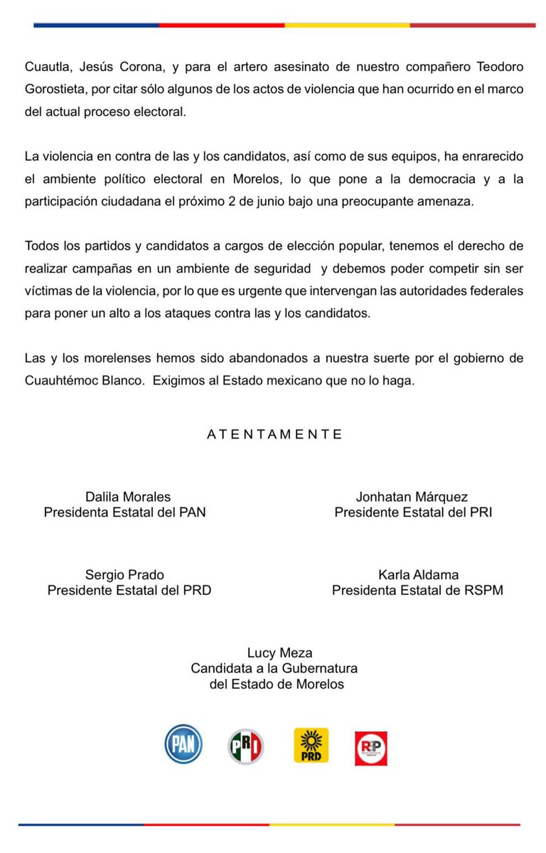 La violencia es el distintivo del gobierno de @cuauhtemocb10 y todo su grupo; esto pone en riesgo la democracia en #Morelos, nadie está a salvo si ellos continúan. Lamento profundamente el asesinato de Teodoro Gorostieta, tío de nuestra amiga Gaby Gorostieta. Descanse en paz. 🕊️