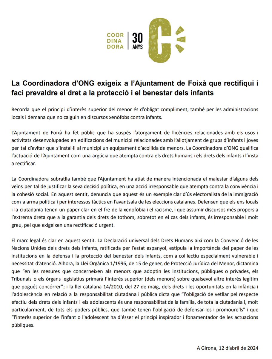 📢 Les entitats solidàries gironines exigim a l'ajuntament de Foixà que rectifiqui i faci prevaldre el dret a la protecció i el benestar dels infants.

Fem fora el discurs xenòfob dels nostres municipis!