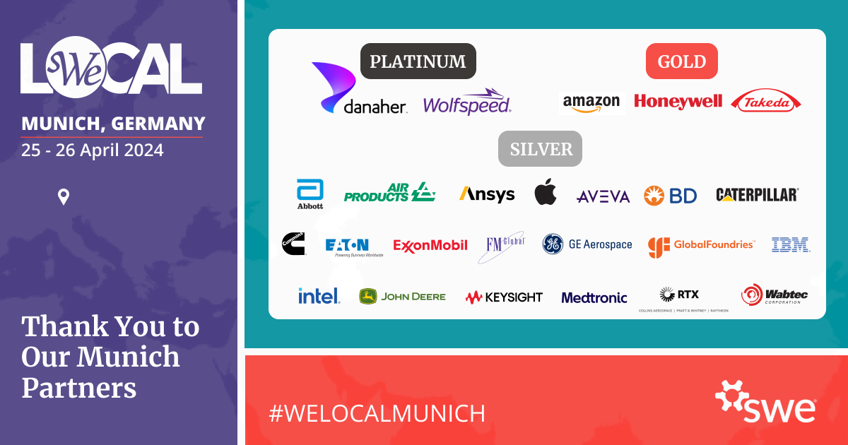 We want to extend a special thank you to our WE Local Munich partners! The event wouldn't be possible without your support. Will you be attending #WELocalMunich? Let us know! #WELocal #WELocal2024 #Munich #SWEEurope #WomenEngineers #WomenInSTEM