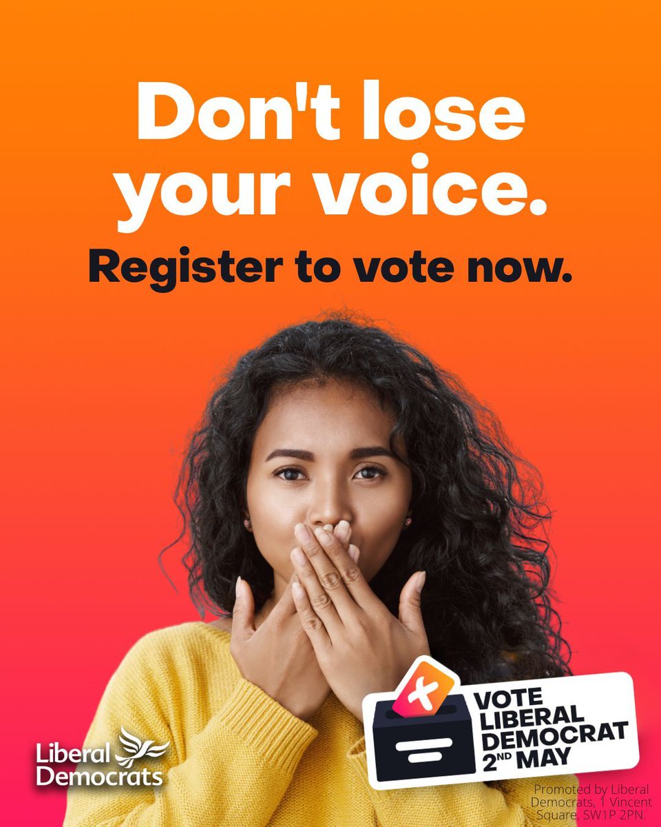 Don’t lose your voice!  The deadline to register to vote in time for 2 May's elections in England and Wales is Tuesday 16 April. Find out all the information you need and register now. It’s quick, easy and you can do it online. ⬇️ libdems.org.uk/register-to-vo…