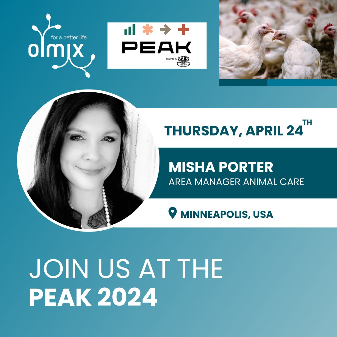 We're thrilled to announce that our experts #AnimalCare  will participate at the upcoming PEAK 2024 🐓

🎤 Misha Porter (Area Manager at #Olmix) will be giving a technical talk 'Groundbreaking Bio-source Technology for a Sustainable Future' 🔬 on 🗓️ April 18th at 12:00 AM.