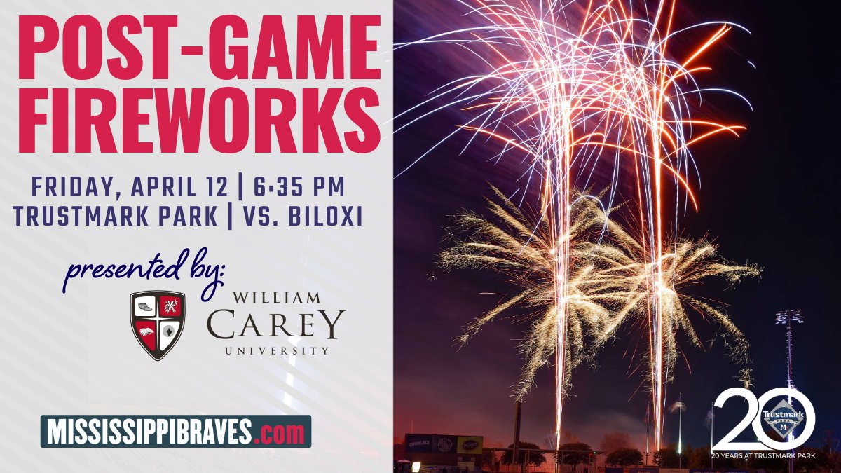 Tonight we have the first of back-to-back Post-Game Fireworks Shows! First pitch is 6:35 pm. Tonight's show is presented by @WmCareyU. 🎟️ | linktr.ee/mbravestickets