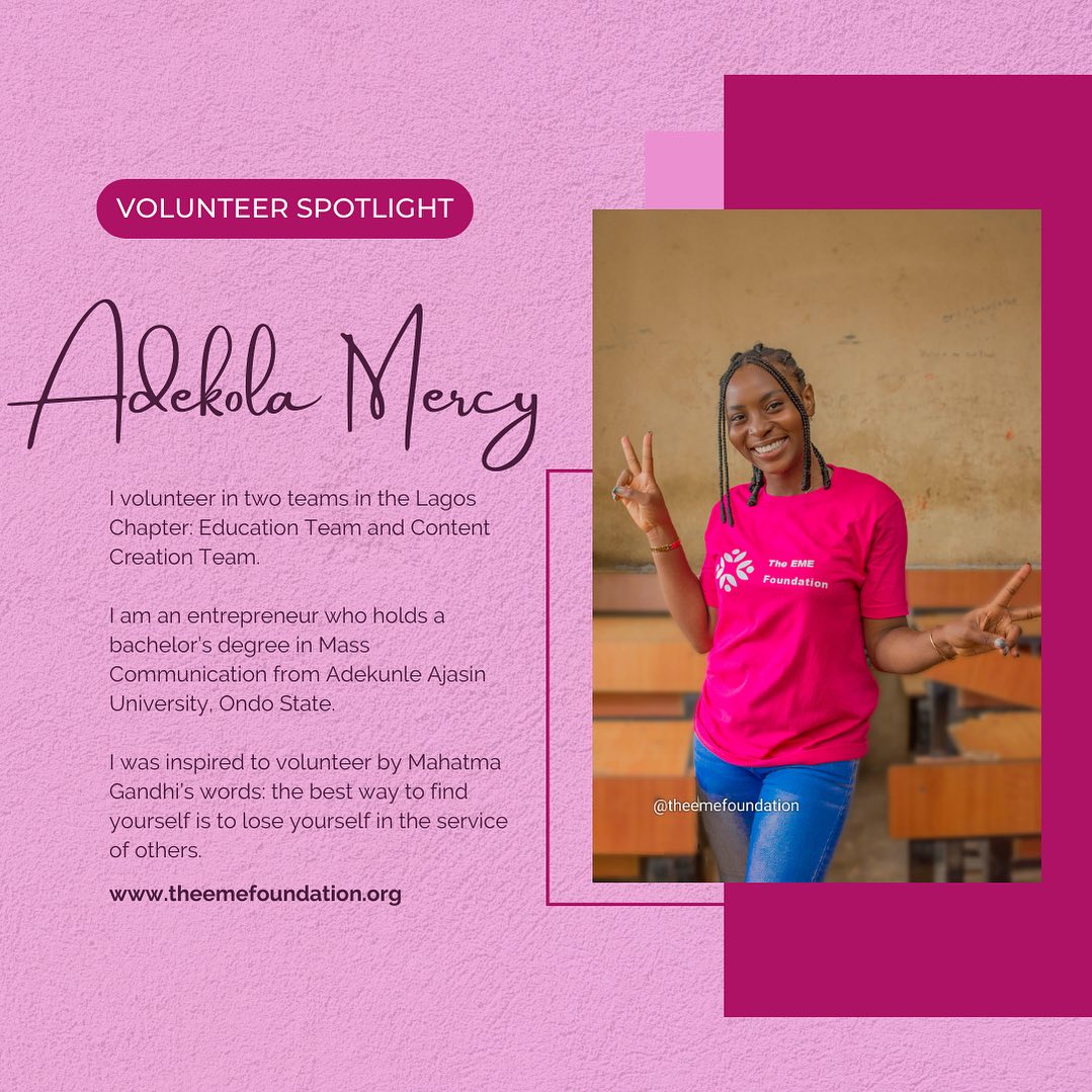 Introducing Mercy, one of our Lagos volunteers!

#volunteer #TheEMEFoundation