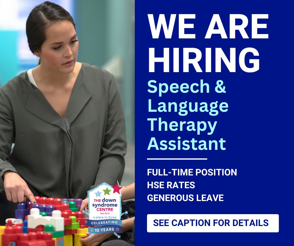 Join our team at the Down Syndrome Centre in Sandyford. We're hiring a full-time Speech & Language Therapy Assistant to support the essential services we provide for children with Down syndrome. Closing date: April 30, 5pm Details: bit.ly/3W0cNGj