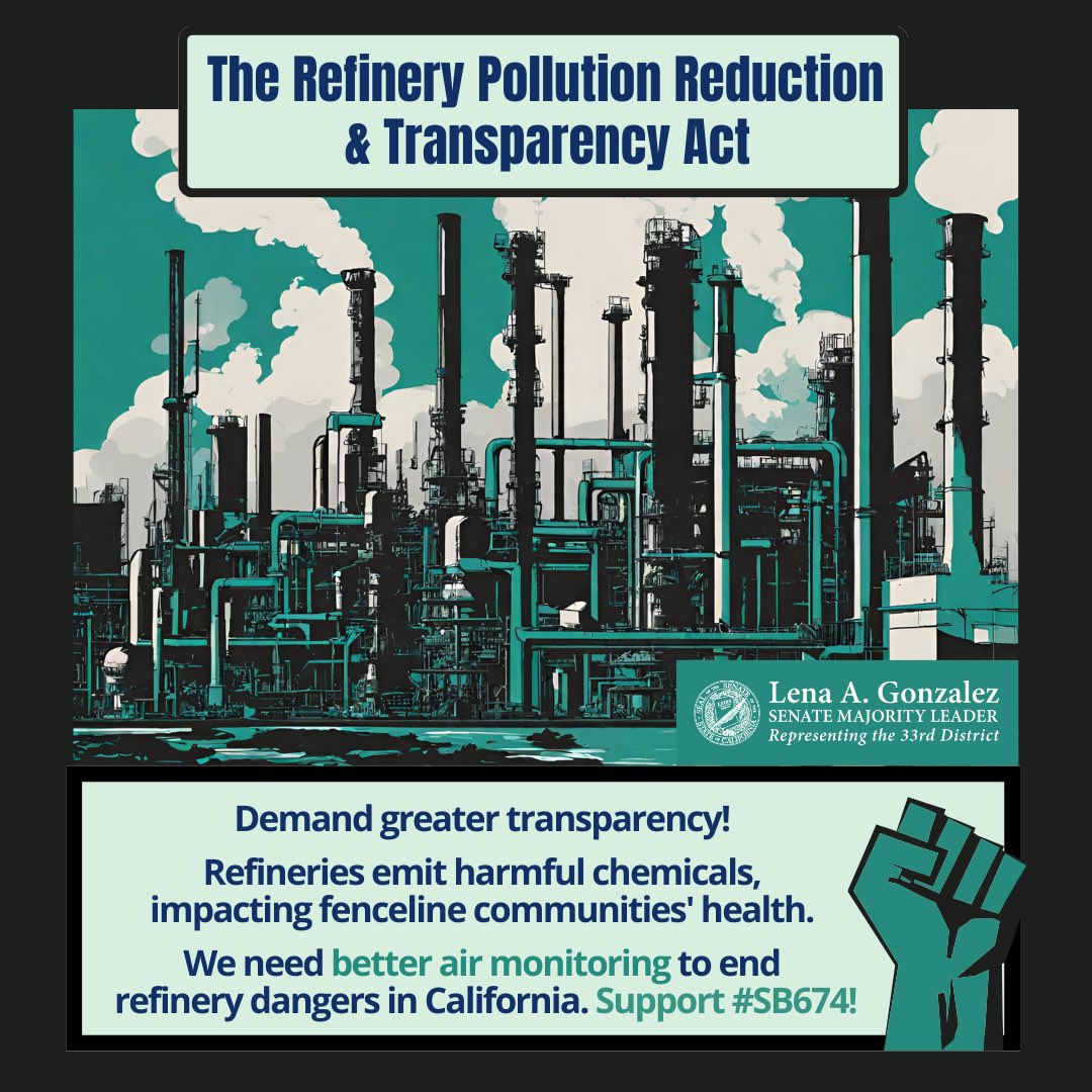 Refineries emit 188 toxic ❌chemicals with 18 of them posing serious health threats such as immune system
damage, liver, kidney & heart damage among others. #FencelineCommunities deserve to live free of
#CARefineryDangers, let’s #HoldPollutersAccountable ✊via #SB674🌎🍃