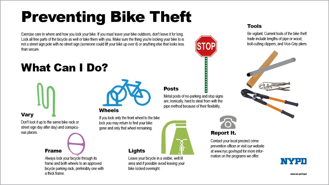 🚨 Crime Prevention Tip 🚨 Exercise care in where and how you lock your bicycle. Follow some of these helpful tips to prevent your bike from being stolen!