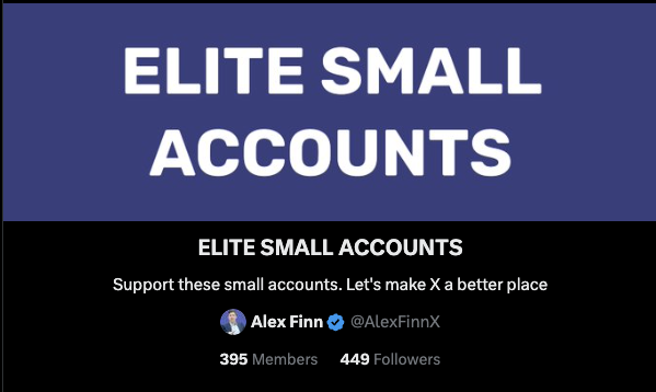 We've hit 400 followers of the Elite Small Accounts List 400 people engaging with small accounts every damn day. Getting them the visibility they deserve Small accounts are still struggling on X If you're a small account making baller ass content, let me know and I'll add you