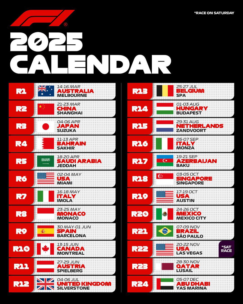 Pues tenemos calendario para la temporada 2025 de #F1 🙃