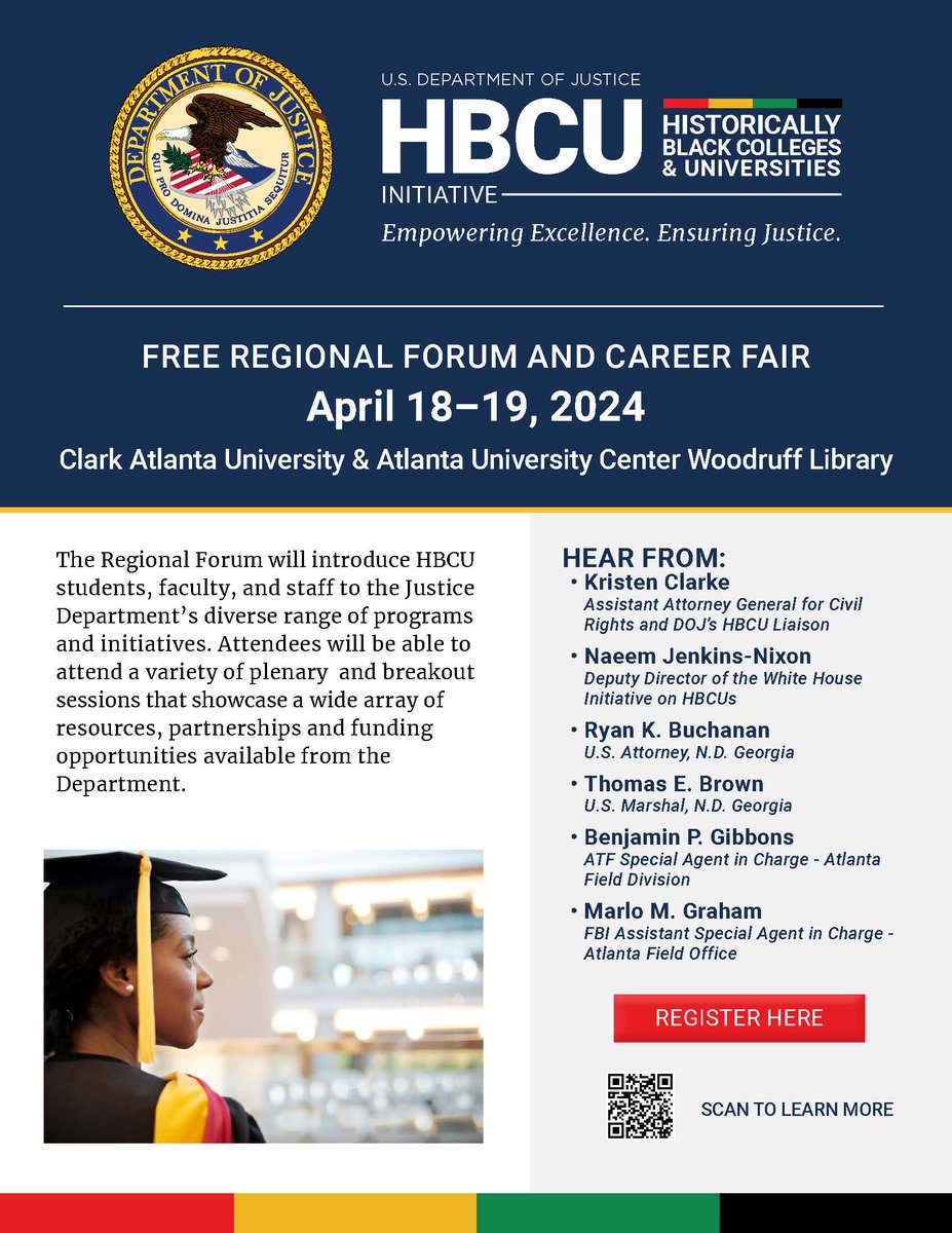 The @TheJusticeDept is hosting a Regional Forum for HBCUs in Atlanta at Clark Atlanta University and the Atlanta University Center’s Robert W. Woodruff Library, on April 18-19, 2024.