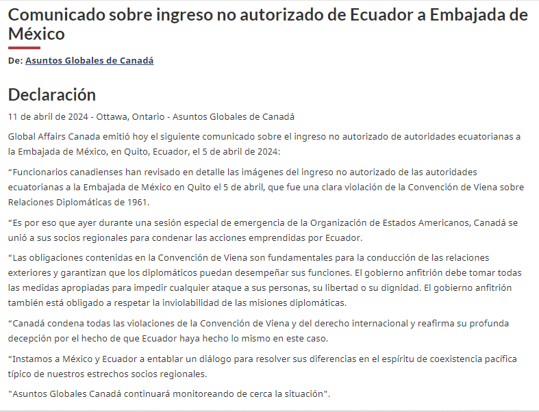 ‼️#URGENTE Canadá condenó el ingreso de fuerzas del orden a la embajada mexicana. El Ministerio de Asuntos Exteriores canadiense señaló que revisó “en detalle los videos de la entrada no autorizada en la embajada de México” y concluyó que “fue una clara violación de la Convención…