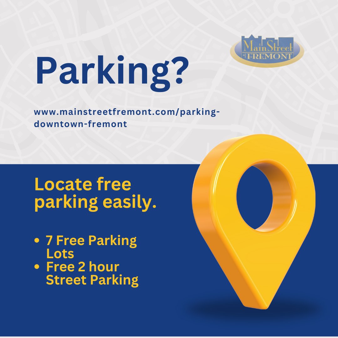 🚙💨 Explore the downtown Fremont district with our comprehensive parking directory. Discover all the free parking lots available and make your visit hassle-free. Enjoy your time in downtown Fremont! 🏙️   mainstreetfremont.com/parking-downto… #DowntownFremont #FreeParking #MainStreetFremont