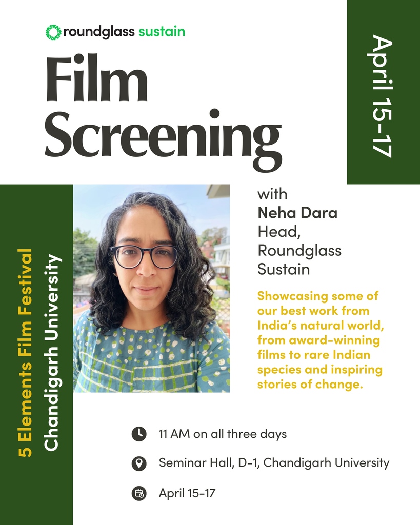 RGSustain1's tweet photo. #EventAlert

Hello Chandigarh! Roundglass Sustain is screening some very special films at Chandigarh University on 15, 16, and 17 April as part of the 5 Elements Film Festival. Roundglass Sustain's head @nehadara will be hosting the screenings and answering all your questions! https://t.co/yMYEtsK0ks