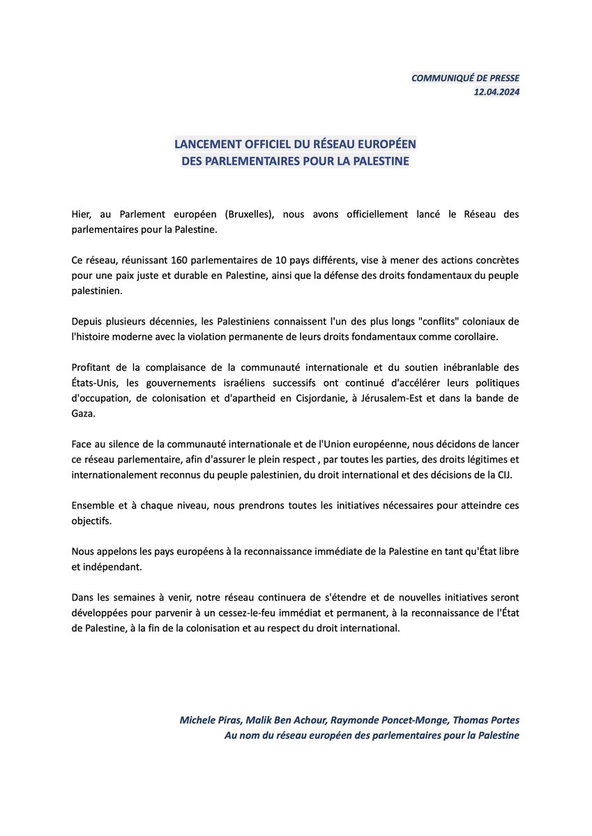 🇪🇺🇵🇸 Retrouvez le communiqué de presse de notre réseau européen pour la #Palestine créé hier à Bruxelles. Réseau composé de 160 parlementaires venant de 10 pays. Pour sa reconnaissance, pour le #cessezlefeu, pour la fin de la colonisation et le respect du droit international.