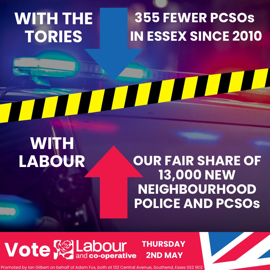 The Tories have cut PCSOs in every part of Essex. There are 355 fewer PCSOs since 2010. Labour will put new neighbourhood police and PCSOs back in every community.