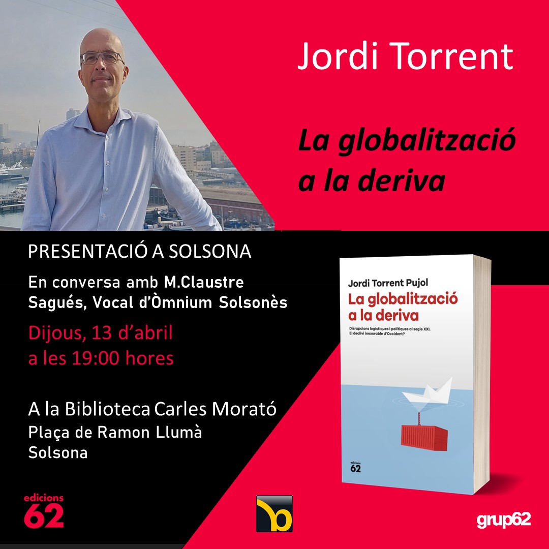 📅🌐 Atenció! Demà 13 d'abril no us perdeu la presentació del llibre 'La globalització a la deriva' de @JordiTorrent71: ⌚ A les 19h 📍 A la Biblioteca Carles Morató, #Solsona 🗣 Conversa amb M.Claustres Sagués 🙌 Us hi esperem! @omnium