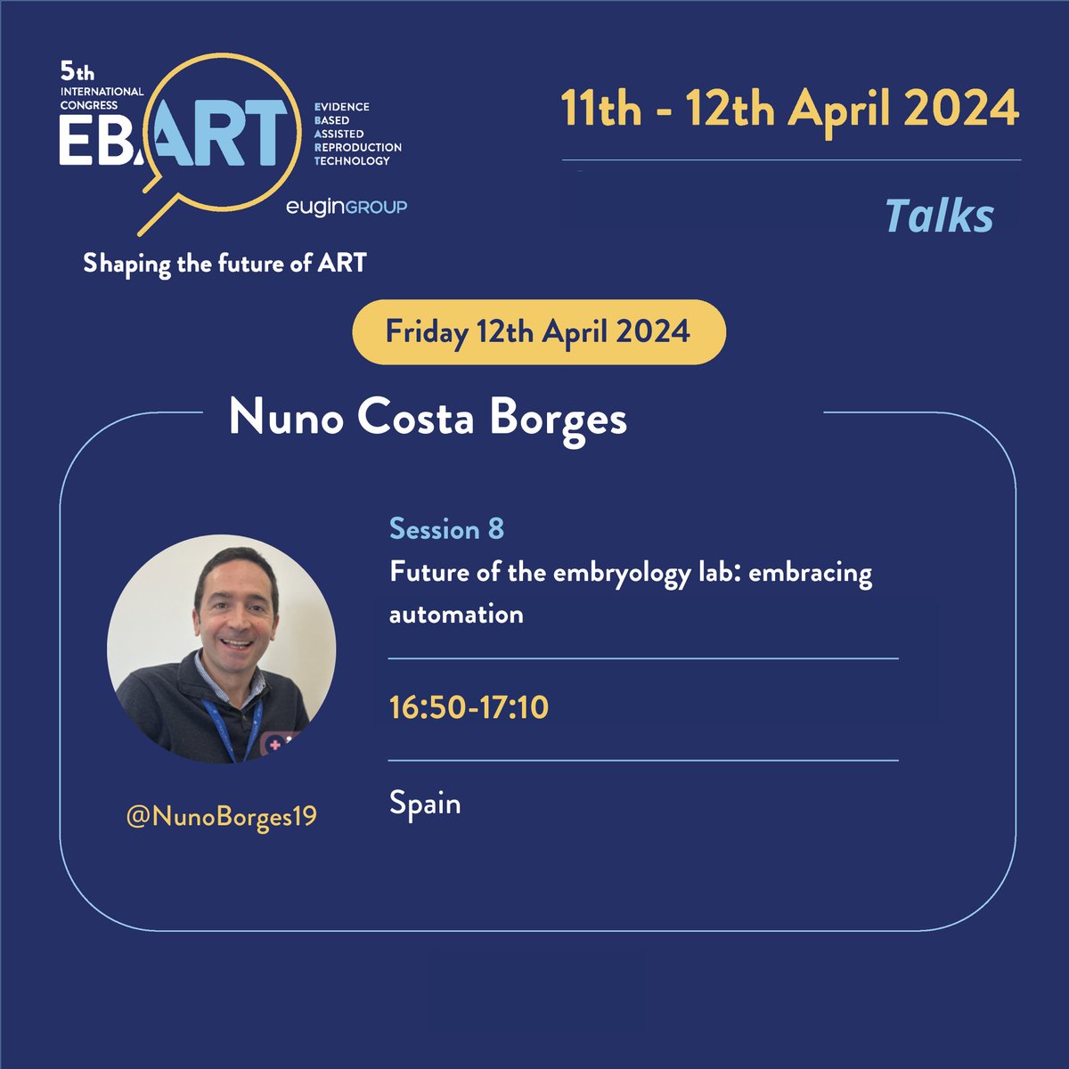 Dr. @NunoBorges19 is ready to present his super insightful talk on the future of the embryology lab. 'Why automation in #IVF?' Great having you here! #EBART2024