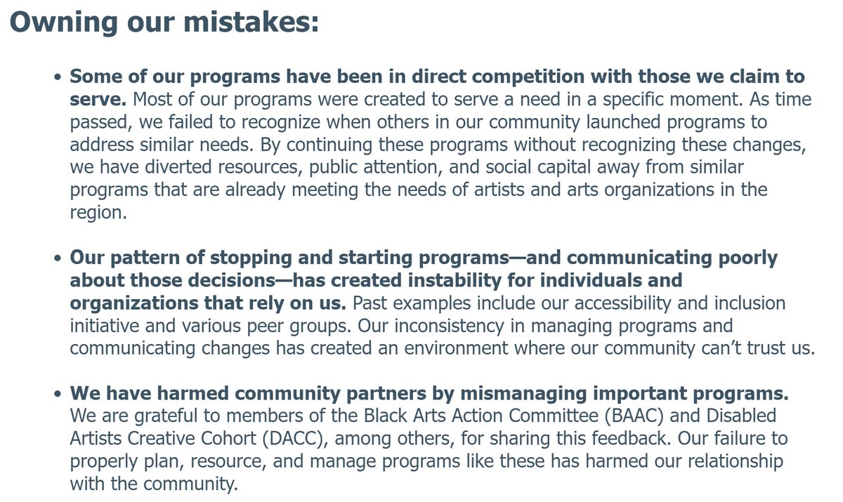 Kudos to <a href="/PGHArtsCouncil/">Greater Pittsburgh Arts Council</a>  for acknowledging own past mistakes in their latest newsletter. Hopefully, in subsequent newsletters, it can measure, report and show evidence that it doesn't repeat the same mistakes.