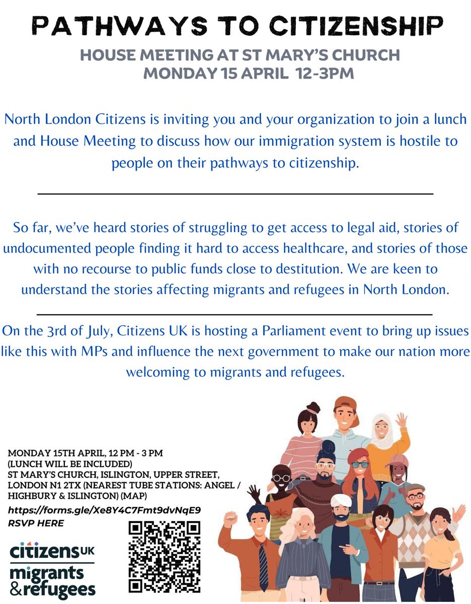 North London Citizens is inviting you and your organization to join a lunch and house meeting on Monday 15th April, 12 pm - 3 pm. Link to RSVP: docs.google.com/forms/d/e/1FAI…