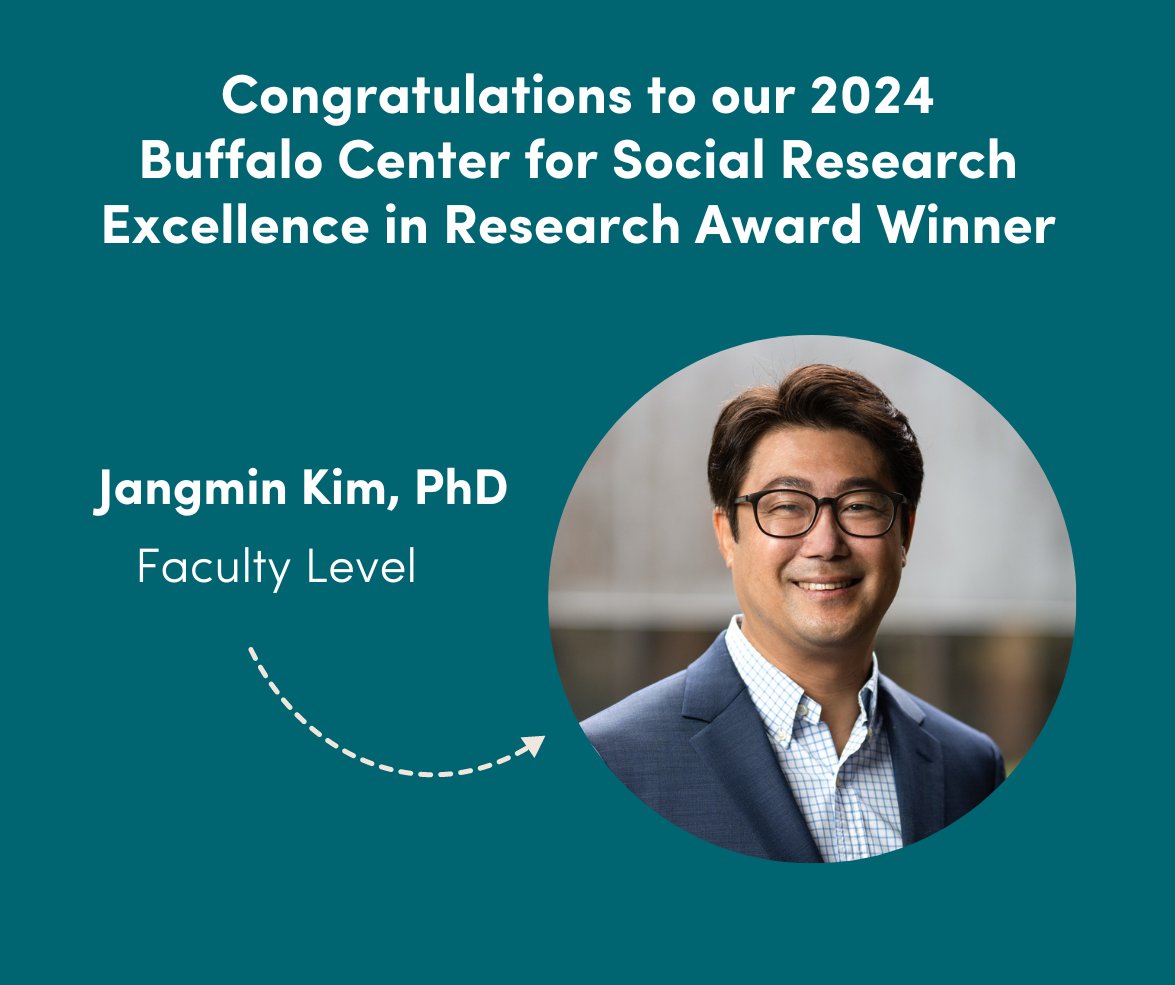 Congratulations to Assistant Professor Jangmin Kim for receiving the 2024 Buffalo Center for Social Research Excellence in Research Award, faculty level! #UBuffalo #SocialWorkResearch #SocialWork #UBSSW