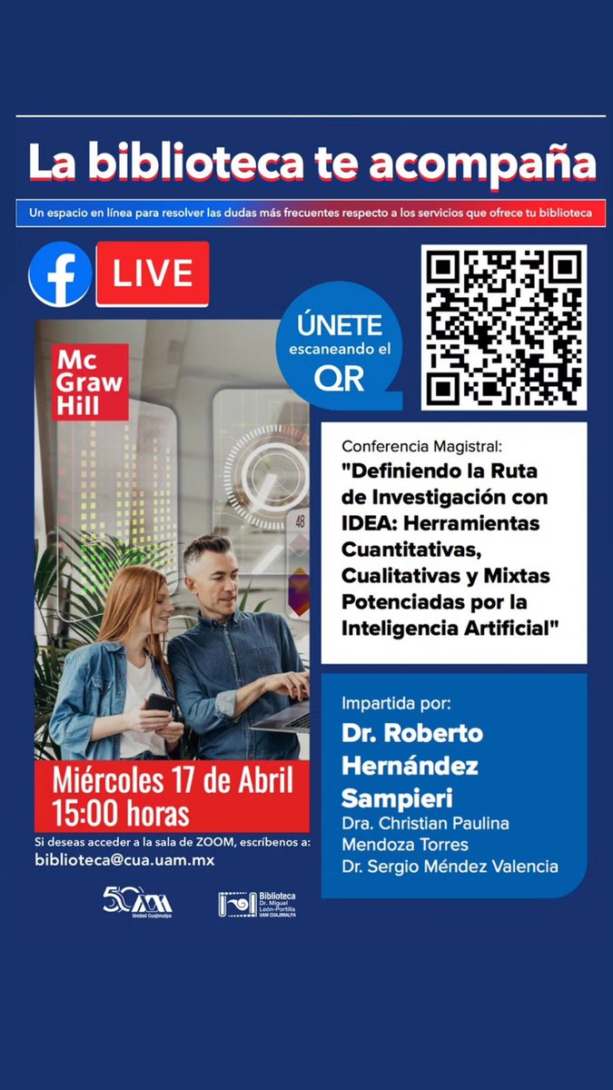 uamcuajimalpa's tweet photo. Plática por #FBwatch “Metodología de la investigación” por el Dr. Roberto Hernández Sampieri en la sesión de “La Biblioteca te acompaña”. #uam50 #uamcuajimalpa https://t.co/DFDx7JMvLl