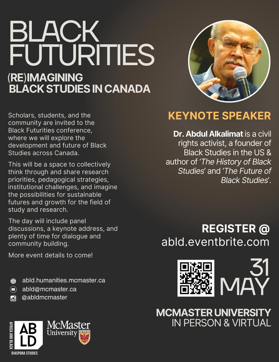 Join us on May 31 @Mcmaster, for a generative discussion-based conference that thinks through the possibilities of Black Studies in Canada. 

Register here: abld.eventbrite.com

#BlackFuturities2024 #BlackStudies #ABLDatMac
