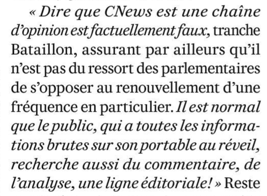 .@Valeurs publie cette semaine un portrait élogieux de @qbataillon: rencontre bienveillante, propos complaisants, et même plaidoyer pour @cnews. Rappelons que ce député défendra bientôt la réforme de l'audiovisuel public voulue par @datirachida. Comment croire en sa neutralité?