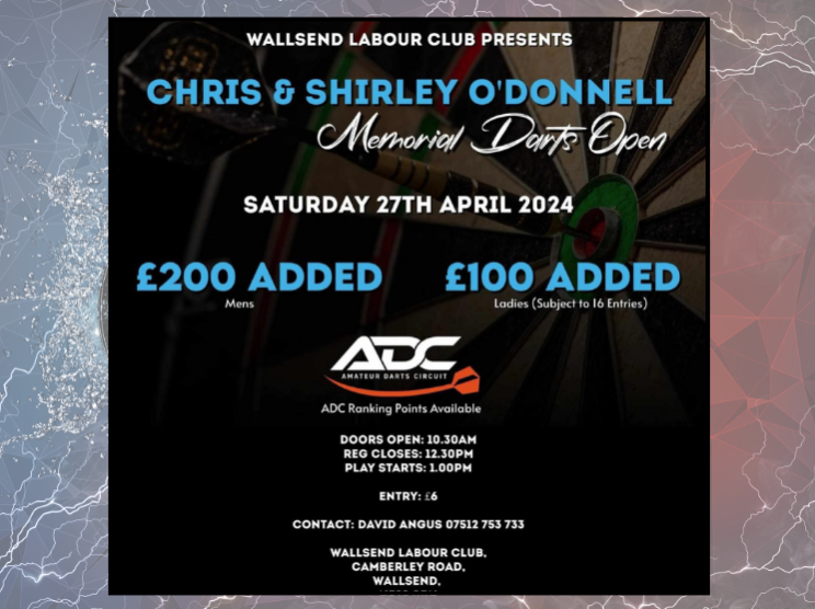 FindADartsComp (@findadartscomp) on Twitter photo The Chris & Shirley O’Donnell Memorial Darts Open with <a href="/dartscircuit/">ADC - Amateur Darts Circuit</a> is coming up on 27th April 2024.
Hosted at the Wallsend Labour Club - £300 added to the prize pots.
ADC Ranking Points Available
Doors Open 10:30am
£6 Entry
Visit for more details: findadartscomp.co.uk/listing/chris-… The Chris & Shirley O’Donnell Memorial Darts Open with <a href="/dartscircuit/">ADC - Amateur Darts Circuit</a> is coming up on 27th April 2024.
Hosted at the Wallsend Labour Club - £300 added to the prize pots.
ADC Ranking Points Available
Doors Open 10:30am
£6 Entry
Visit for more details: findadartscomp.co.uk/listing/chris-…