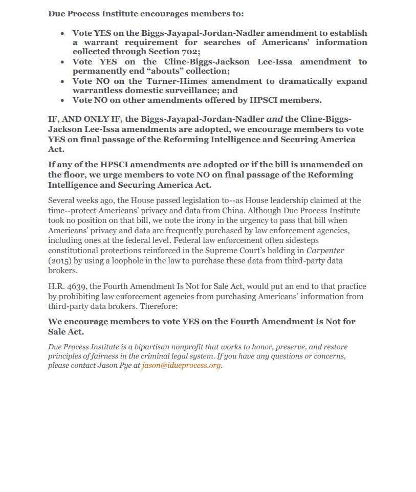 iDueProcess's tweet photo. 🚨‼️ HILL ALERT

We urge members of Congress to vote YES on amendments that establish warrant requirements for Section 702.

We also call for support of the Fourth Amendment Is Not For Sale Act, which would end the practice of purchasing private information from data brokers. https://t.co/4MK7KBBcNv