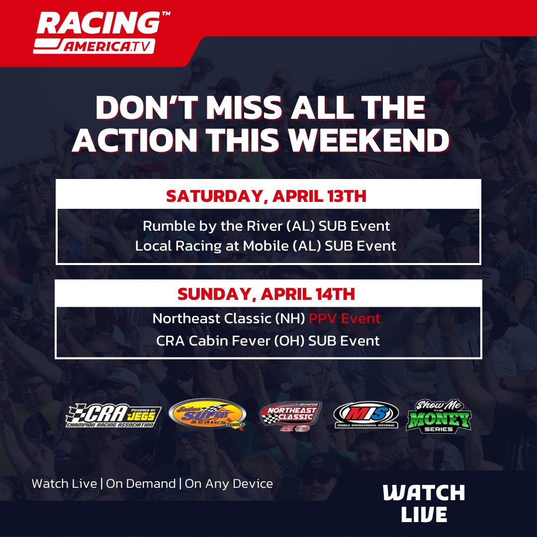 Here is a look at all of the live viewing options this weekend on Racing America, including some big events for both Late Models and Modifieds. 🏁 @CRAracing X @NHMS X @MMSracetrack 𝗗𝗘𝗧𝗔𝗜𝗟𝗦 📝: hubs.ly/Q02sDpJh0