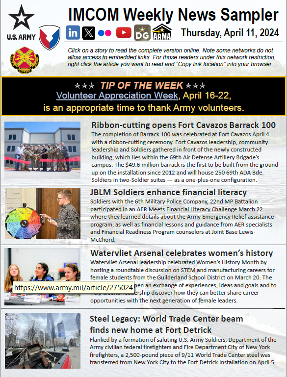 With articles featuring slobbers and sober moments, the IMCOM Weekly News Sampler has something for all. Read more spr.ly/6010wq6BG Also, Volunteer Appreciation Week, April 16-22, is a great time to thank Army volunteers. spr.ly/6012wq6By #ArmysHome #PeopleFirst