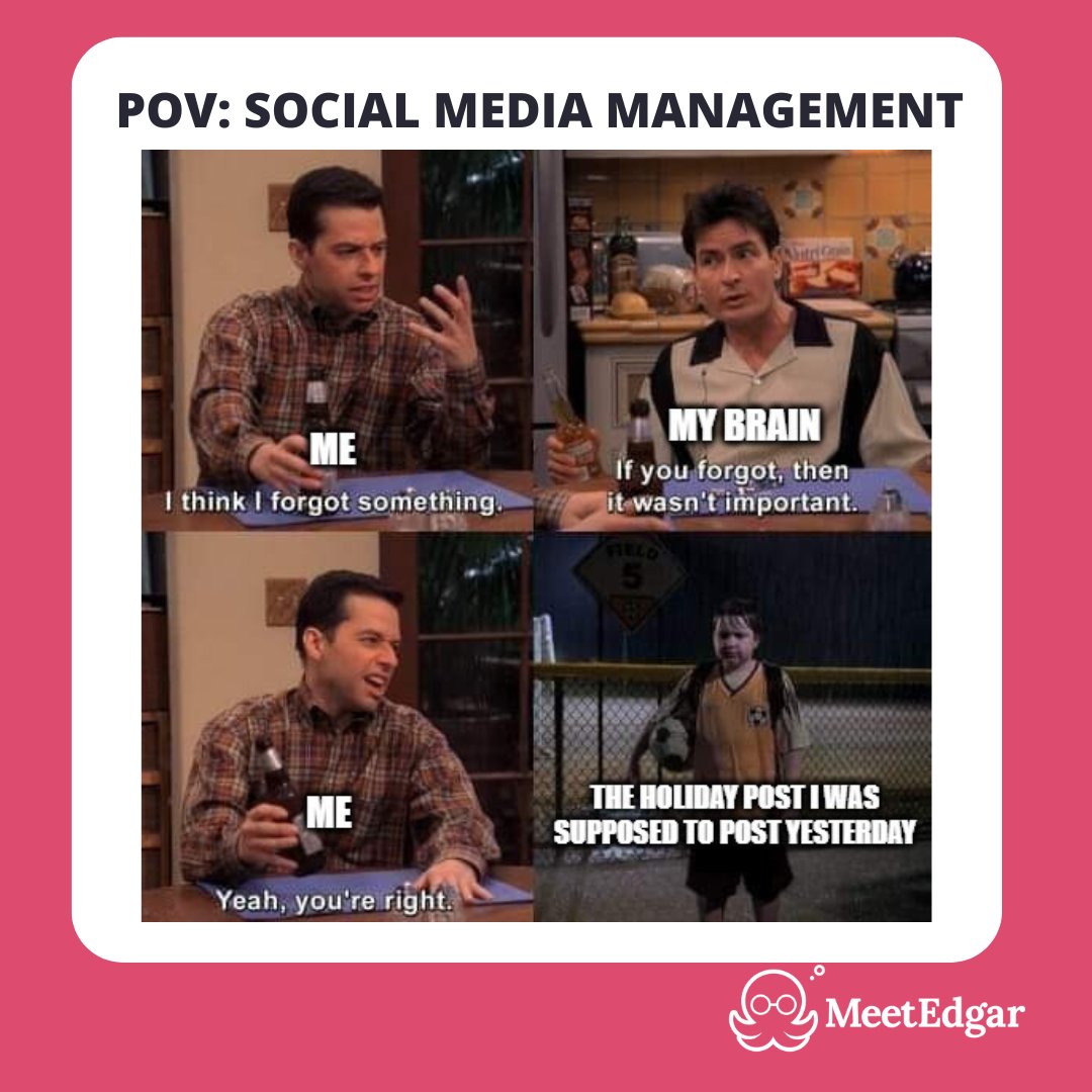 MeetEdgar's tweet image. Oops! Ever had one of those moments? Happens to the best of us!

Luckily for my pals, I&apos;m always here to keep your posts on schedule and ensure your social media sails smoothly. 🐙

#ContentCalendar #SocialMediaPosts #SocialMediaAutomation