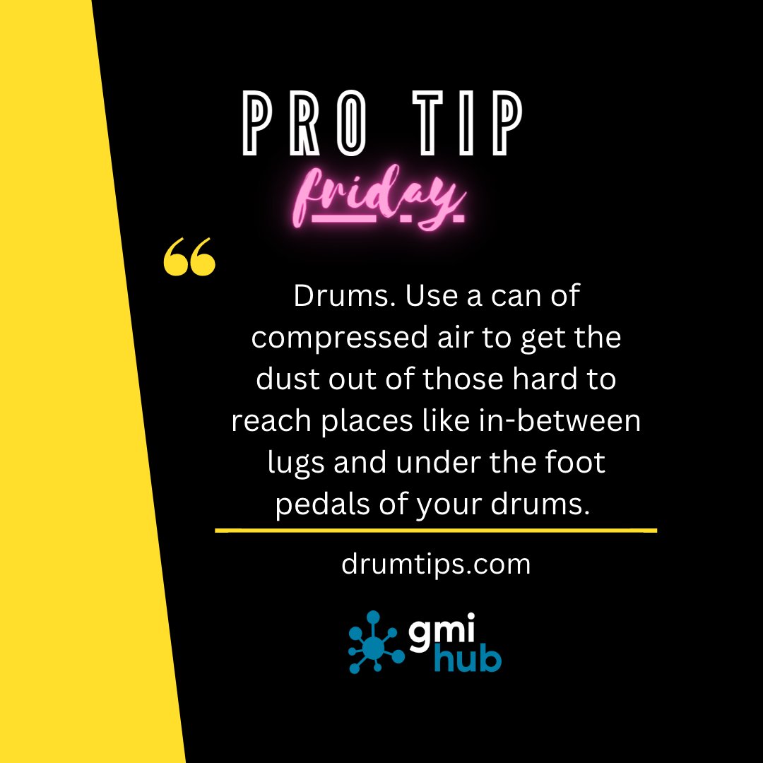 ProTip Friday from drumtips.com  'Use a can of compressed air to get the dust out of those hard to reach places like in-between lugs and under the foot pedals of your drums.' #protip #protipfriday #drums #drummer #musician #gmihub