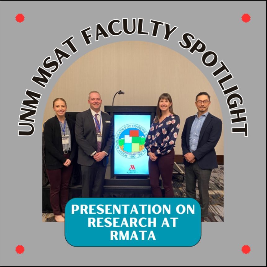 Last month, the UNM MSAT faculty presented their research and clinical recommendations at the Rocky Mountain Athletic Trainers’ Association in Provo, UT! 

#RMATA #golobos #ATsareHealthcare #AthleticTrainer #AthleticTraining #sportsmedicine  #newmexico #lobos #msat #unm #coe