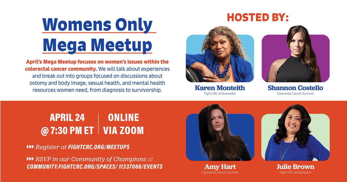 Join hosts Shannon Costello, Julie Brown, Karen Monteith, Amy Hart for April’s Mega Meetup discussing women’s issues in #ColorectalCancer. Breakout sessions cover topics from ostomy to mental health. Don’t miss out! community.fightcrc.org/events/womens-…