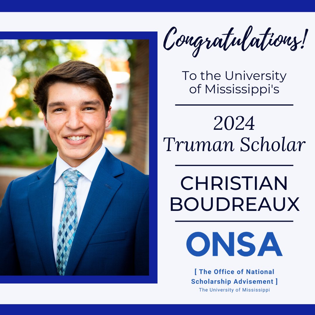 BIG NEWS!!!! ONSA is SO PROUD to announce that Christian Boudreaux has been selected as a 2024 Truman Scholar! Congratulations, @christianboud_! We are so proud of you! @umhoco <a href="/stamps_um/">UM Stamps Scholars</a> <a href="/olemissbiology/">UM Biology</a> #Trumanfoundation #Truman24