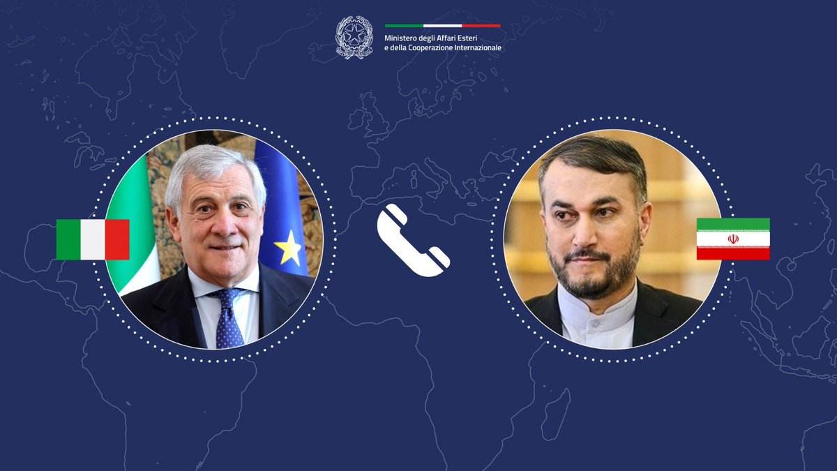 Antonio_Tajani's tweet photo. Lunga telefonata con il Min Esteri Iran sul MO. Ribadita la posizione del Governo in favore della pace e per la de-escalation. Ho esortato Teheran alla moderazione. Confermata necessità di garantire incolumità forze militari🇮🇹 in Libano e delle nostre navi mercantili nel MarRosso https://t.co/wShTpDjQeM