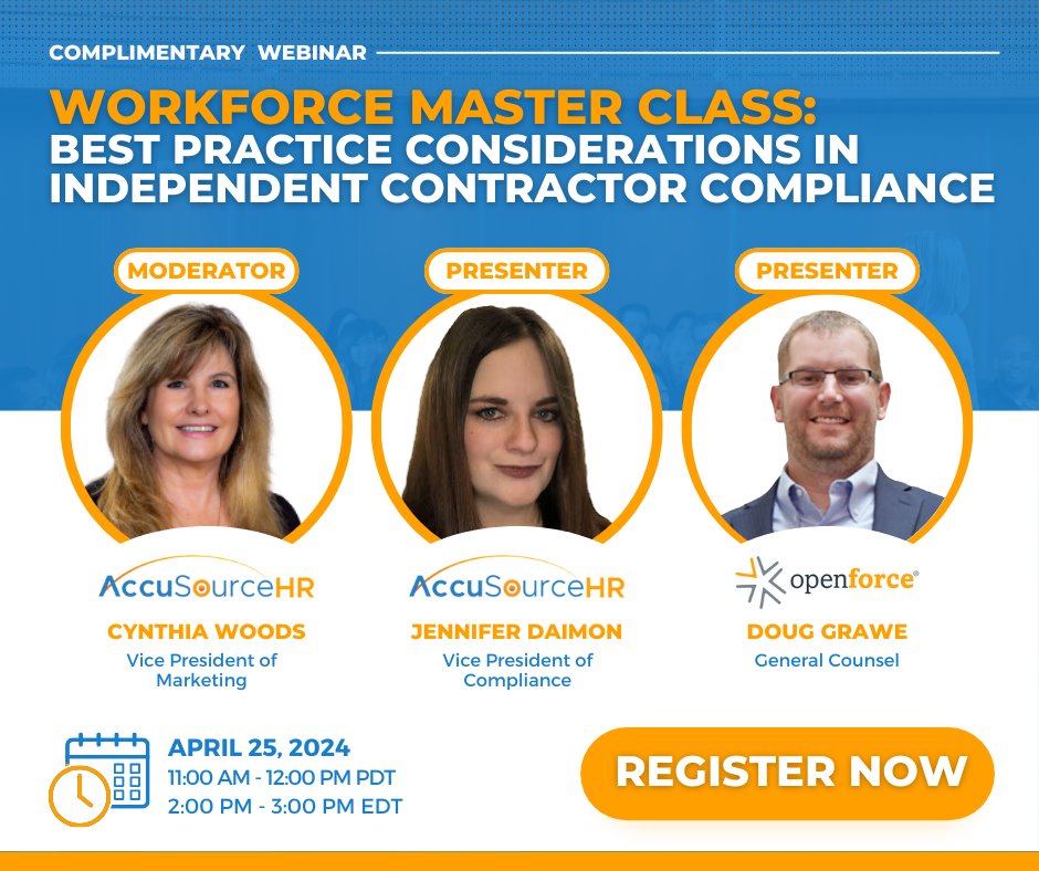 Join us for a complimentary webinar - Workforce Master Class: Best Practice Considerations in Independent Contractor Compliance. Click the link to register: bit.ly/4aUUp69 #BackgroundScreening #IC #HumanResources #Compliance #IdependentContractors #BestPractice