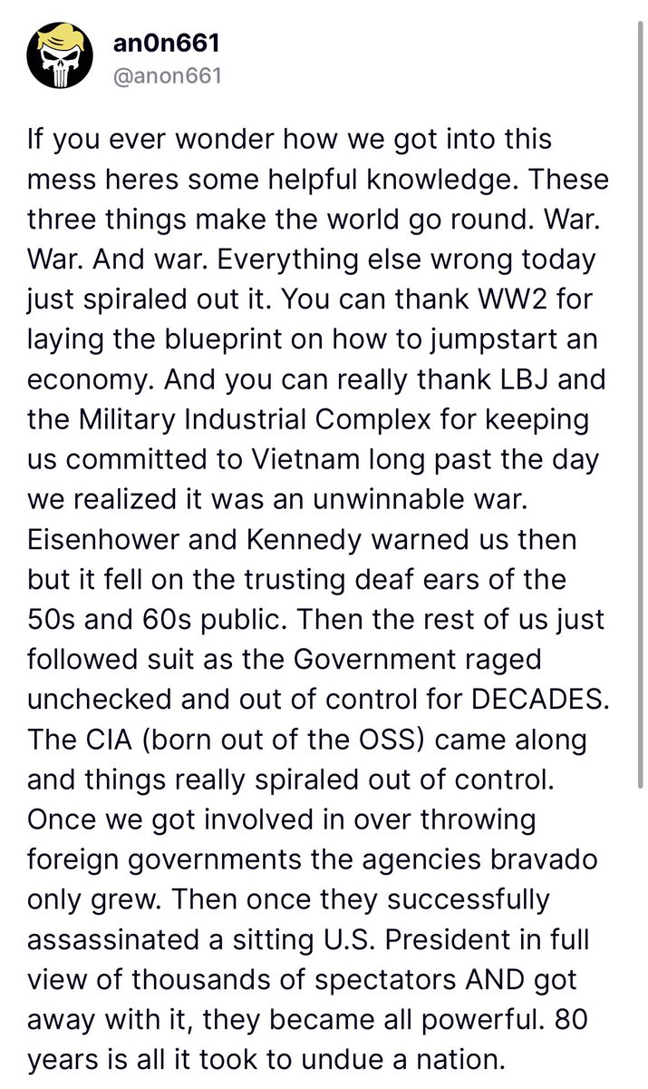 I posted on this on Truth about a month ago. War is and has been the driving force of this Nation for many many years. Trump broke that cycle and that’s just one of the many reasons he is so hated by [them]