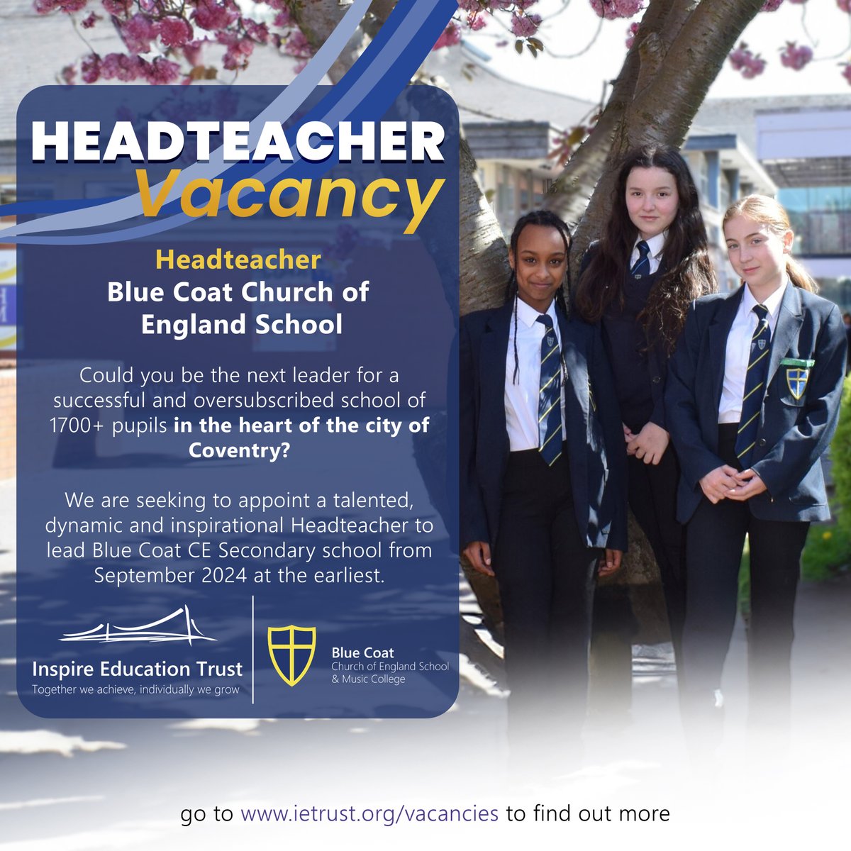Join us at Blue Coat CofE Secondary School! With outstanding ratings, a supportive environment, and a prime location in Coventry, this is your chance to make a real difference. Apply by May 7th! 🌟 tinyurl.com/yf2cpa7f