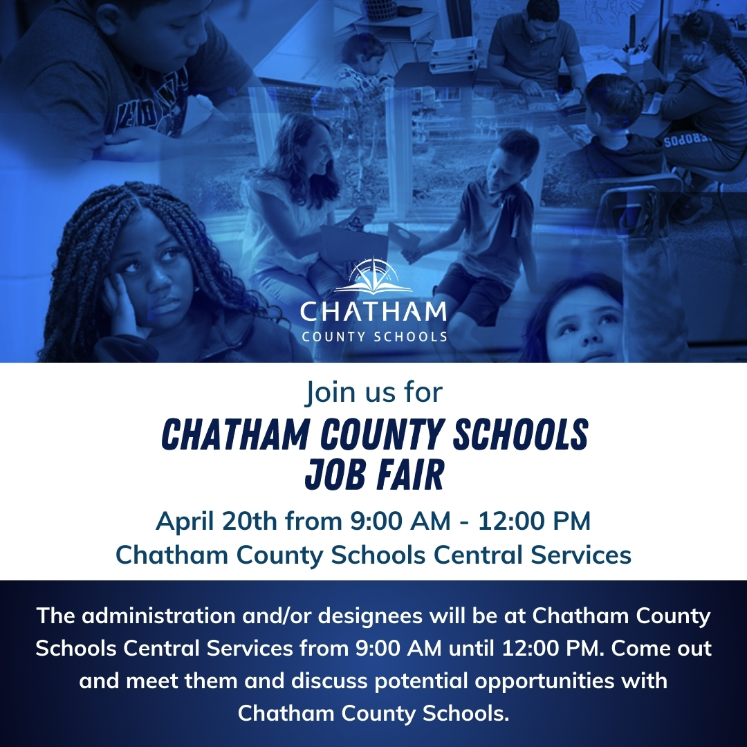 📣 We're hiring! Chatham County Schools Job Fair is happening on April 20th from 9:00 am - 12:00 pm. Explore career opportunities, connect with administrators, and make a difference in education. See you there! #OneChatham #JobFair