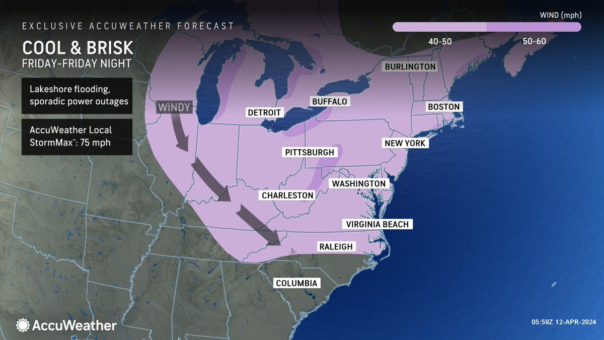 WEATHER @accuweather Friday • This afternoon-Rain and drizzle, on and off. Windy. High 46. • Tonight-Clouds and windy with a shower or two. Low 37. • Saturday-A morning shower. Clouds and breezy. High 50.