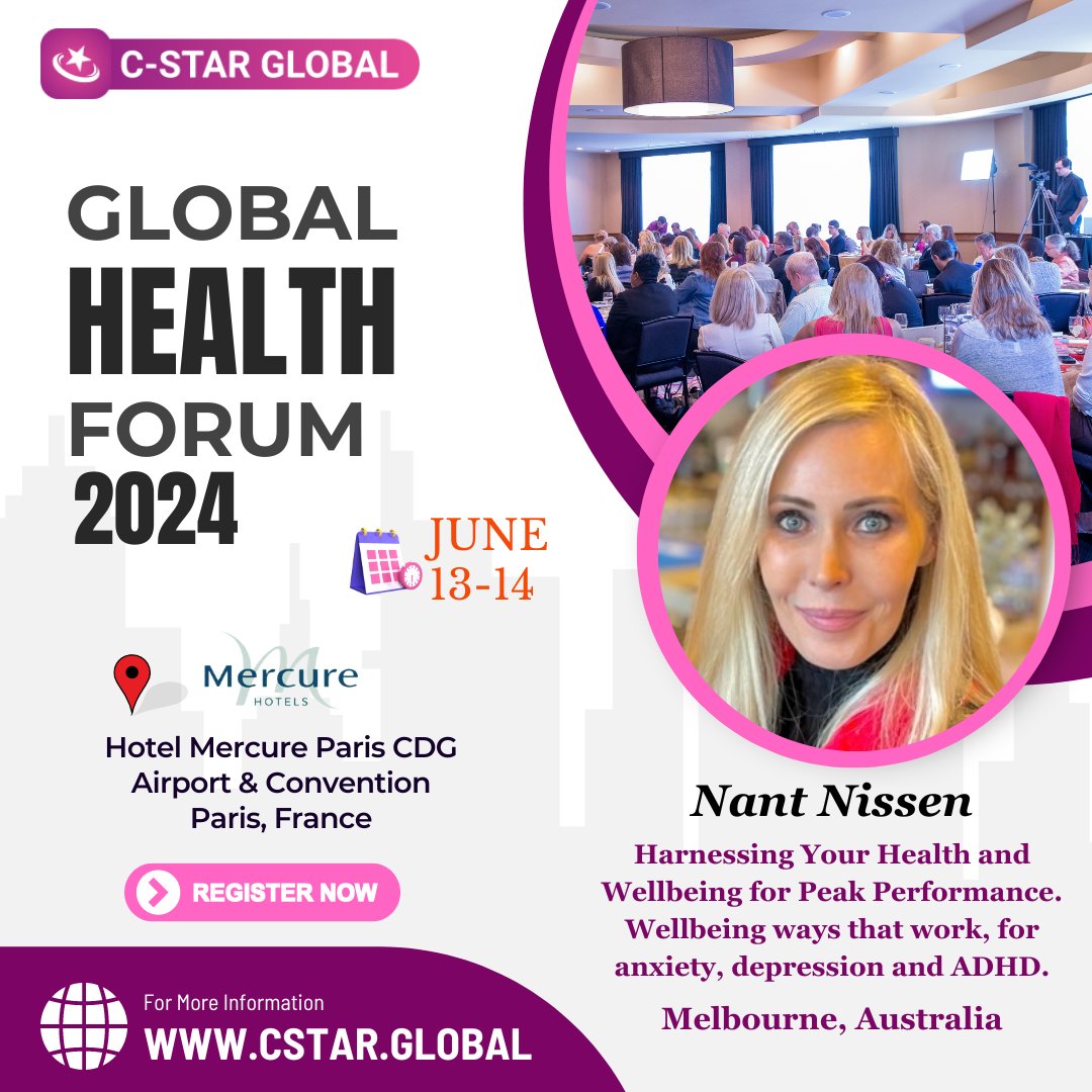 cstarglobal's tweet photo. Join Nant Nissen for a transformative presentation at the 2024 Global Health Forum in Paris. Discover effective strategies for anxiety, depression, and ADHD. Secure your spot now: https://t.co/3xg36ehEzV

#HealthForum #WellnessTalks #HealthyLiving #HealthyChoices #Health https://t.co/G9Zq62pljx