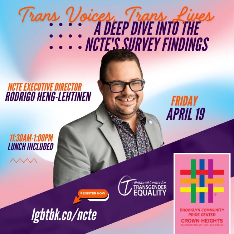 TransRigo's tweet photo. Brooklyn - Friday, 4/19! Join me at the Brooklyn Community Pride Center, Inc (Crown Heights HQ) for a special lunch and learn exploring the early findings of the monumental #USTransSurvey.
Lunch will be provided. RSVP by Tuesday, 4/16 - https://t.co/SI0pyuyDUI https://t.co/7Zuwg0ExYQ
