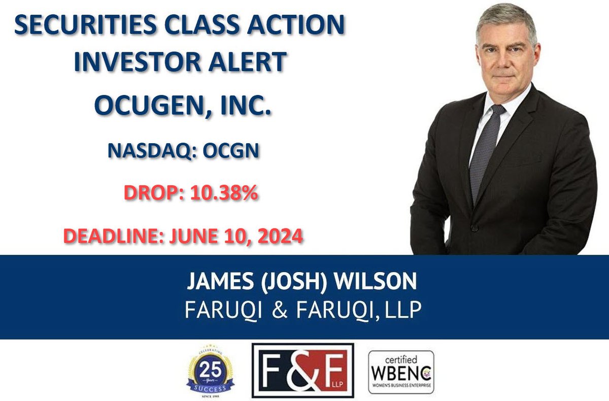 Ocugen, Inc. Class Action Lawsuit $OCGN               

Ocugen Deadline: June 10, 2024                

Learn More Here: faruqilaw.com/OCGN

#faruqilaw #NASDAQ #NASDAQListed #stocks #stockmarketnews #StocksInNews #investing